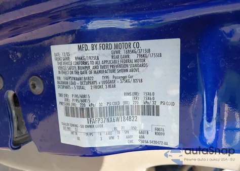 2006 Ford Focus Zx5 из США, поврежденный, VIN 1FAFP37NX6W184822